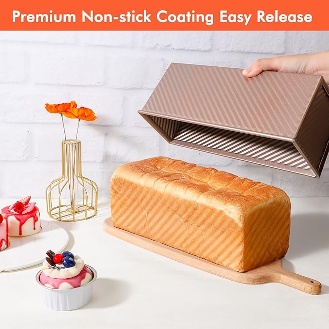 Beasea 2lb Pullman Loaf Pan with Lid, 1 Pack 12x4inch Large Bread Loaf Pans Carbon Steel Toast Box with Dough Scraper Set for Homemade Bread Bakeware Oven Baking - Rose Gold