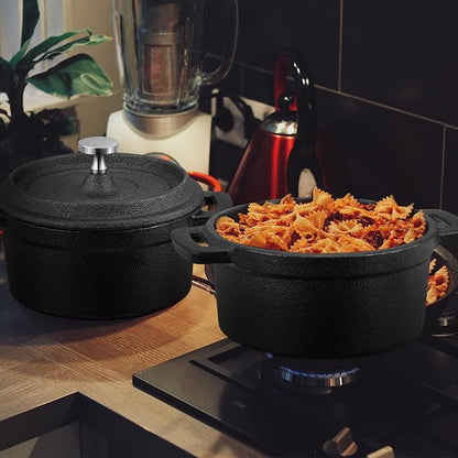 4 Pcs Mini Dutch Oven, 500F Small Round Iron Cocotte Black Dutch Oven Pot with Lid and Dual Handles Cast Iron Pot for Stovetop Use Marinate Cook Bake Refrigerate, Individual Servings(17 oz)