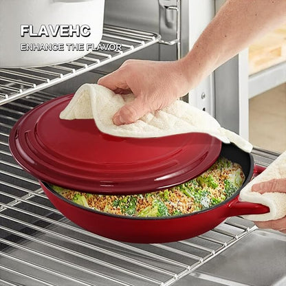 Flavehc Braiser Enameled Cast Iron Braiser 3 QT, Cast Iron Braiser Pan with Lid for Bread Baking, Soup & One Pot Meals, Small Shallow Dutch Oven Casserole for Oven & Induction, Red