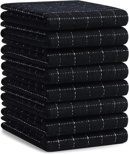 Homaxy 100% Cotton Terry Kitchen Towels(Black, 20 x 28 inches), Checkered Designed, Soft and Super Absorbent Dish Towels, Large 8 Pack