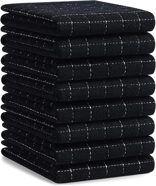 Homaxy 100% Cotton Terry Kitchen Towels(Black, 20 x 28 inches), Checkered Designed, Soft and Super Absorbent Dish Towels, Large 8 Pack