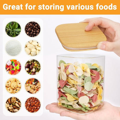 Glass Storage Jars, 4 Pack 29 Fl.oz Square Glass Jars with Bamboo Lids, Clear Kitchen Pantry Storage Containers for Sugar, Coffee, Flour, Tea, Candy - Set Comes with Labels, Marker and Spoon