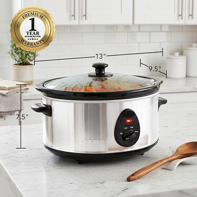 OVENTE Electric Slow Cooker with 3 Cooking Settings, Non-Stick and Dishwasher Safe Stoneware, Stainless Steel Body, Glass Lid, 3.7 Qt Oval Pot for Entrees, Soups, Sauces, Stews & Dips, Silver SLO35ABR