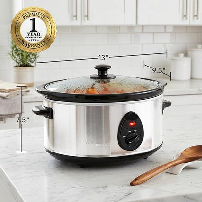 OVENTE Electric Slow Cooker with 3 Cooking Settings, Non-Stick and Dishwasher Safe Stoneware, Stainless Steel Body, Glass Lid, 3.7 Qt Oval Pot for Entrees, Soups, Sauces, Stews & Dips, Silver SLO35ABR