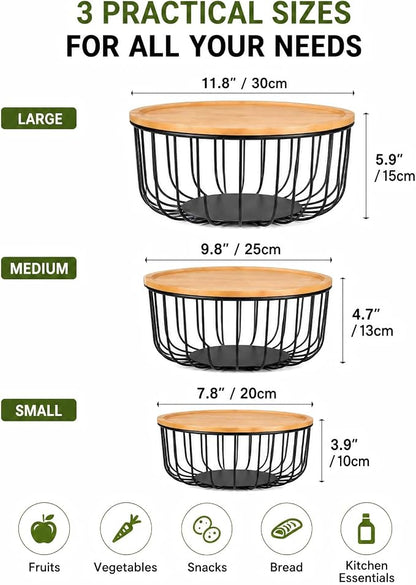 Stackable Fruit Basket for Kitchen Counter, 3-Piece Mesh Fruit Basket Set with Bamboo Lids, Large Decorative Produce & Vegetable Storage Organizer for Countertop