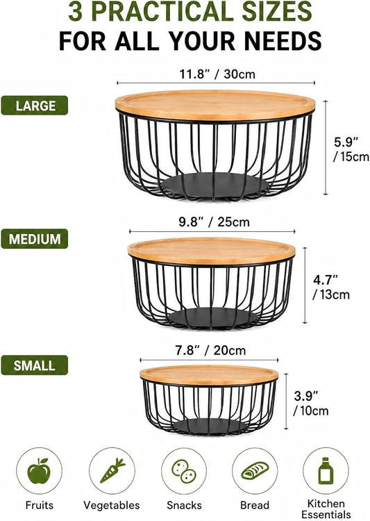 Stackable Fruit Basket for Kitchen Counter, 3-Piece Mesh Fruit Basket Set with Bamboo Lids, Large Decorative Produce & Vegetable Storage Organizer for Countertop
