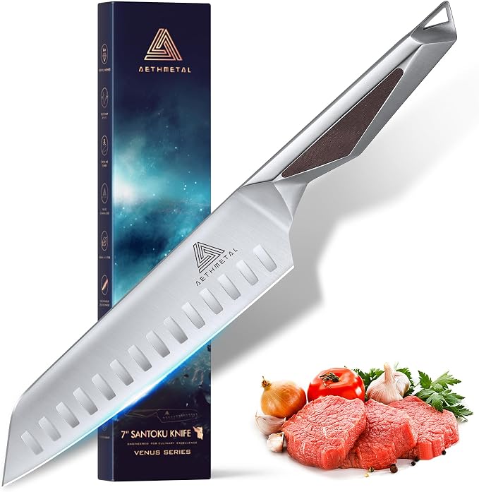 7 Inch Santoku Knife, Full Tang Kitchen Knife with Hollow-Ground Blade, High Carbon Stainless Steel Chef Knife for Meat, Vegetables & Fruits, Ergonomic Metal Handle, Premium Gift Box