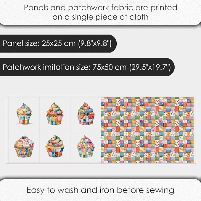 Patchwork Cupcake Fabric Panel – Single Continuous Cotton Satin Panel with 6 Printed Squares 9.8” x 9.8” and Bonus Patchwork Area – 100% Cotton for Quilting & Sewing