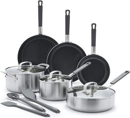 GreenPan x Bobby Flay Stainless Steel 12 Piece Cookware Pots & Pans Set, Professional Grade Tri-Ply, Multiclad, PFAS-Free Ceramic Nonstick, Induction Suitable, Dishwasher & Oven Safe,Stay Cool Handles