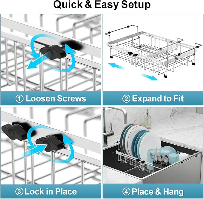 GSlife Over Sink Dish Drying Rack - Large Expandable Stainless Steel in Sink Dish Drainer with Square Corners, Rust Resistant with Lock Knob, Heavy Duty Fit for Modern Single & Double Sinks, Silver