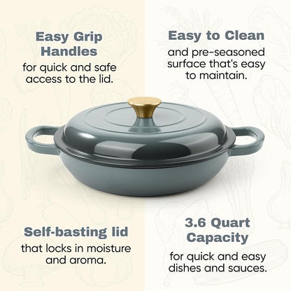 3 Quart Enameled Cast Iron Braiser, Non Stick Enameled Cast Iron Skillet with Lid, Dutch Oven Skillet with lid up to 500°F for Oven, Stove, Grill, Shallow Dutch Oven for Cook, Bake (Gray)