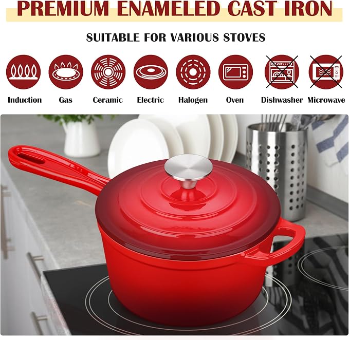 E-far Enameled Cast Iron Sauce Pan, 3 Quart Dutch Oven Saucepan with Lid, Small Sauce Pot for Cooking, Boiling, Healthy & Non Toxic, Induction & Oven Safe, Red