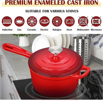 E-far Enameled Cast Iron Sauce Pan, 3 Quart Dutch Oven Saucepan with Lid, Small Sauce Pot for Cooking, Boiling, Healthy & Non Toxic, Induction & Oven Safe, Red