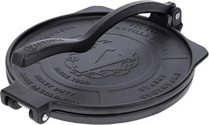 Victoria 10-Inch Cast Iron Tortilla Press HD Spherrous, Commercial-Grade Cast Iron Tortilla Maker, Roti Press, Pataconera Seasoned with Flaxseed Oil, Made in Colombia, Black
