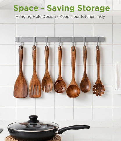 Wooden Utensil Set - 10 Pcs Teak Wooden Spoons for Cooking, Non Toxic, Heat Resistant, Durable & Safe for Kitchen Nonstick Cookware