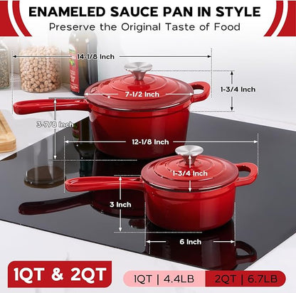 Onader Enameled Cast Iron Sauce Pan, 1QT & 2QT Small Saucepan Set with Lid, Cast Iron Sauce Cooking Pot, Enamel Dutch Oven, Nonstick & Induction Compatible – Red