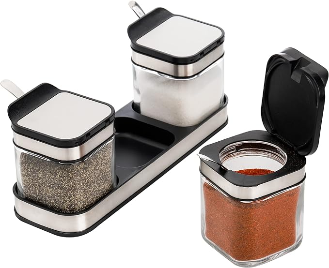 DEAYOU 3 Pack Glass Seasoning Box with Tray, Clear Condiment Canister with 18/10 Stainless Steel Lid and Spoon, Kitchen Spice Pot with Base, Salt Pepper Sugar Storage Container Jar Cruet for Desk