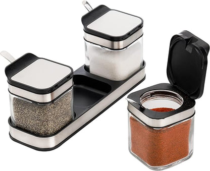 DEAYOU 3 Pack Glass Seasoning Box with Tray, Clear Condiment Canister with 18/10 Stainless Steel Lid and Spoon, Kitchen Spice Pot with Base, Salt Pepper Sugar Storage Container Jar Cruet for Desk