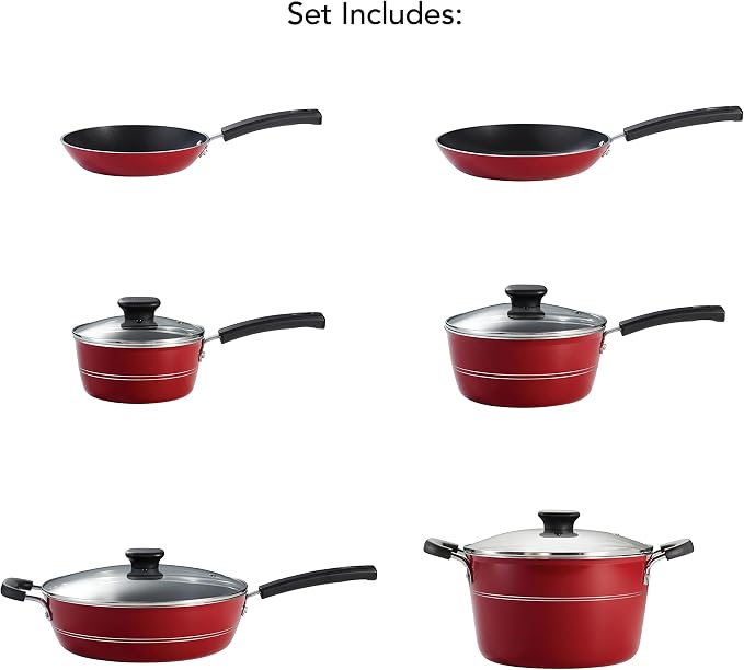 Tramontina Sicilia 10-Piece Non Stick Cookware Set with Glass Lids, Aluminum Nonstick Pots and Pans Kitchen Set (Raspberry)