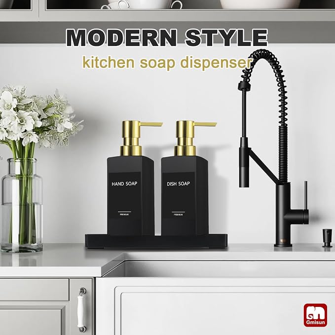 GMISUN Kitchen Soap Dispenser Set with Tray, Dish Soap Dispensers for Kitchen, 12fl oz/350ml Hand and Dish Soap Dispenser Set, Black Soap Dispensers with Gold Pump, Glass Liquid Soap and Lotion Bottle