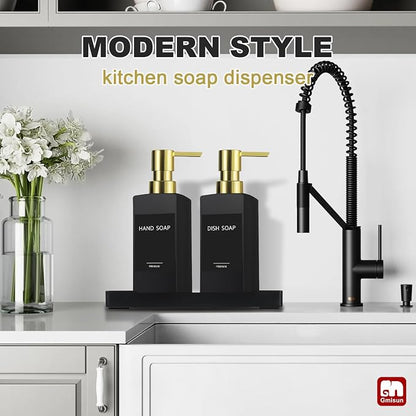 GMISUN Kitchen Soap Dispenser Set with Tray, Dish Soap Dispensers for Kitchen, 12fl oz/350ml Hand and Dish Soap Dispenser Set, Black Soap Dispensers with Gold Pump, Glass Liquid Soap and Lotion Bottle