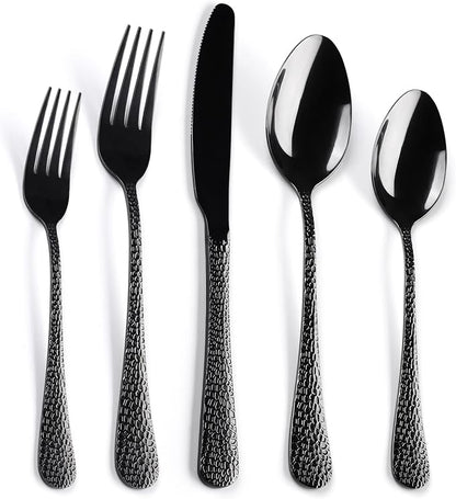40 Piece Forged Black Flatware Set for 8 SANLUNS Stainless Steel Heavy Hammered Silverware Fine Dining Utensils Tableware Unique Cutlery Knives Forks Spoons,Reusable Holiday Gifts Mirror Dishwasher