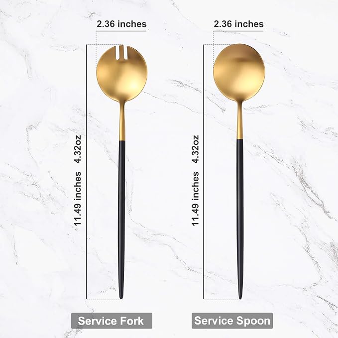 Lemeya Black Gold Salad Serving Utensils, Stainless Steel Spoons, 2Pcs Long Handle Servers 11.42 Inch, Matte Finish, Dishwasher Safe