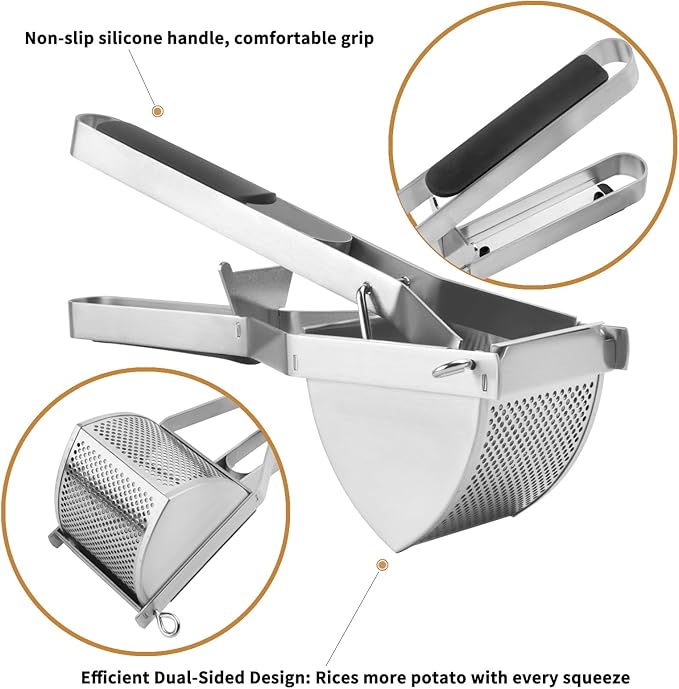 Heavy Duty Potato Ricer, Large 22oz Potato Masher, Stainless Steel Press and Mash Kitchen Gadget for Mashed Potatoes, Spaetzle Maker with Silicone Handle