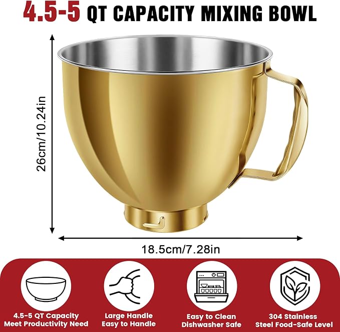 Stainless Steel Mixer Bowl for KitchenAid Artisan & Classic Series 4.5 & 5 Quart Tilt-Head Stand Mixers, KSM150 Stainless Steel Bowl Replacement, Mixing Bowl for KitchenAid, Radiant Gold