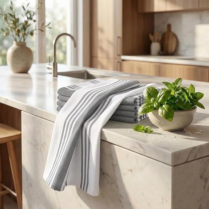Urban Villa Kitchen Towels 100% Cotton Dish Towels for Kitchen (Set of 6) 20”x30” Dish Cloths Highly Absorbent Kitchen Linen Set with Hanging Loop Perfect for Drying Dishes Cleaning Towels-Grey White