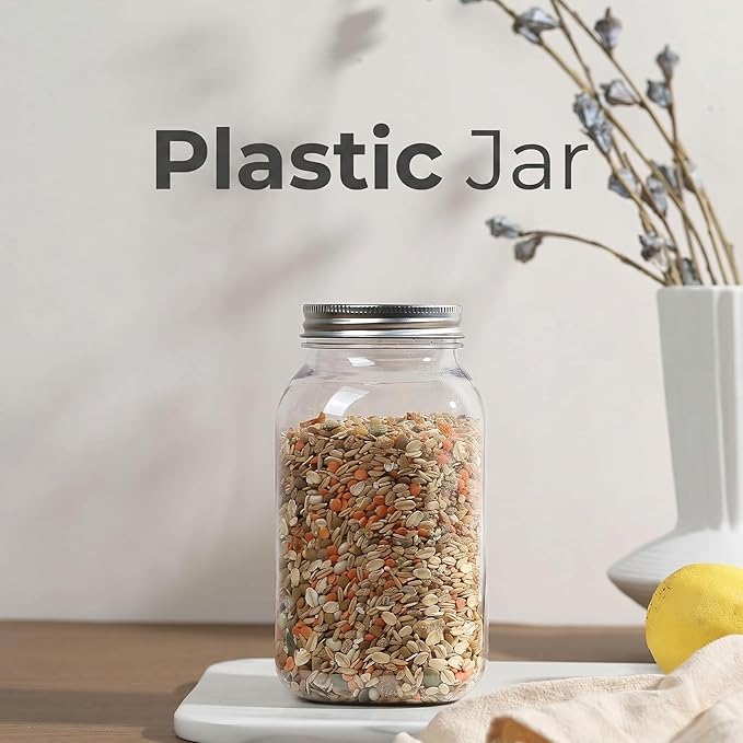 novelinks 32 oz Clear Plastic Jars with Lids, 16 Pack Large Plastic Mason Jars with Lids 32oz, Reusable Quart Containers for Kitchen Organization (16 Pack,Silver)