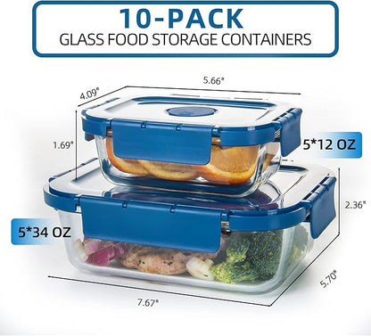 Glass Food Storage Containers 10 Pack, Meal Prep Containers with Snap Locking Lids Airtight Built in Air Vents, Glass Lunch Containers, Microwave/Dishwasher Safe, Navy Blue