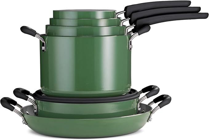 Tramontina Ceramic Non Stick 11-Piece Nesting Pots and Pans Set with Lids - Stackable Nonstick Cookware Set, Dishwasher and Oven Safe, Green