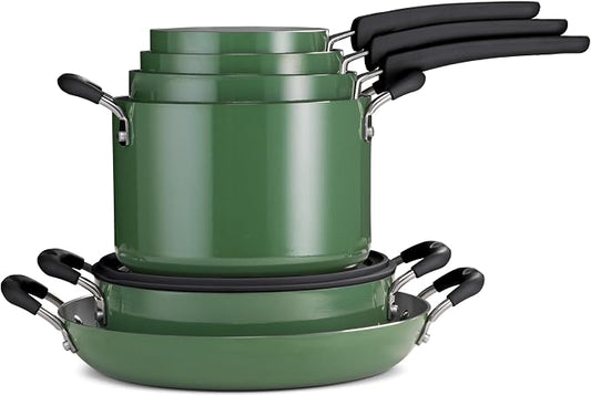 Tramontina Ceramic Non Stick 11-Piece Nesting Pots and Pans Set with Lids - Stackable Nonstick Cookware Set, Dishwasher and Oven Safe, Green