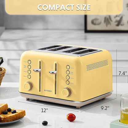 BUYDEEM DT640 4-Slice Toaster, 7 Shade Settings, Extra Wide 1.5’’ Slots for Bagel & English Muffin, 6 Toasting Functions, Retro Stainless Steel Toaster with High Lift Lever, 1800W, Yellow