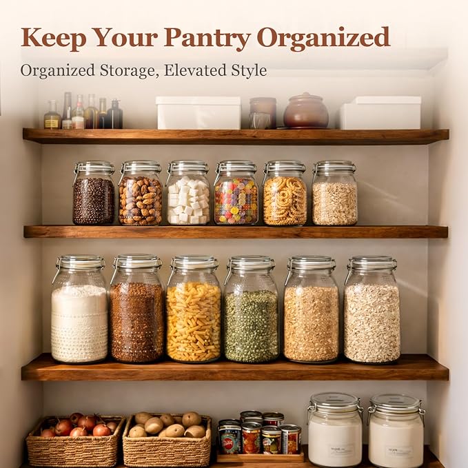 ComSaf 34oz 6 Pack Vintage Hobnail Glass Storage Jars with Airtight Clamp Lids, 1000ml Wide Mouth Clear Canister Set for Coffee Beans, Sugar, Snacks, Pasta, Pickling and Countertop Pantry Organization