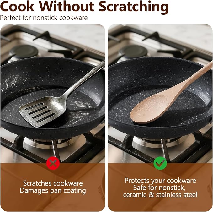 Cooking Wooden Spoons, MORGLES 14-Inch Serving Spoons for Stirring Mixing Serving Long Handle Plastic Free Reusable Non Scratch Dishwasher Safe, 3PCS