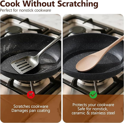 Cooking Wooden Spoons, MORGLES 14-Inch Serving Spoons for Stirring Mixing Serving Long Handle Plastic Free Reusable Non Scratch Dishwasher Safe, 3PCS