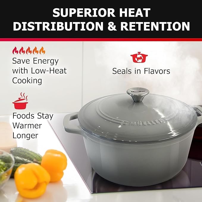 MUELLER HOME 4.5 QT Enameled Cast Iron Dutch Oven, Heavy-Duty Casserole Dish and Braiser Pan with Lid and Stainless Knob, Oven-Safe up to 500° F & Across All Cooktops, Grey