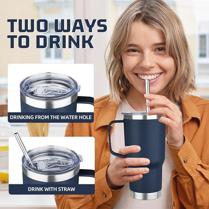 20 oz Tumbler with Handle Stainless Steel Insulated Coffee Mug Tumbler with Lid and Straw Double Wall Vacuum Insulated Coffee Mug Leak Proof Travel Mug Tumbler for Hot and Cold Drink (Navy Blue,4pack)
