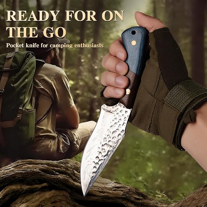 Fixed Blade Hunting Knife with Leather Sheath - Small EDC Fixed Blade Knife for Men, Outdoor Camping Bushcraft Hiking Tactical Pocket Knife