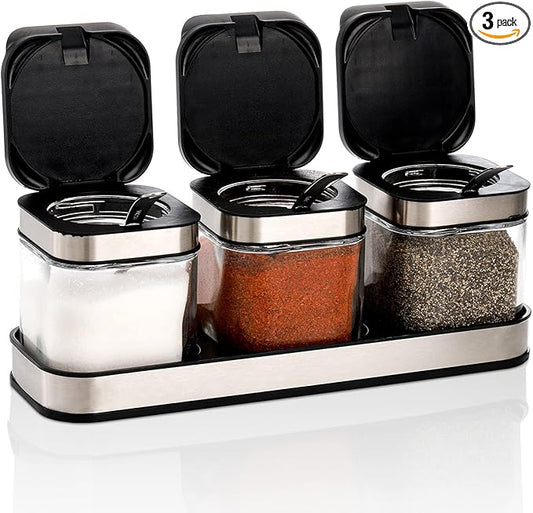 DEAYOU 3 Pack Glass Seasoning Box with Tray, Clear Condiment Canister with 18/10 Stainless Steel Lid and Spoon, Kitchen Spice Pot with Base, Salt Pepper Sugar Storage Container Jar Cruet for Desk