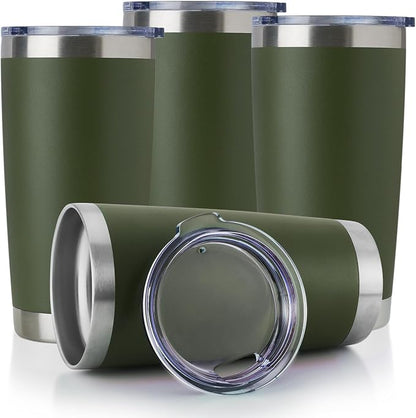 DOMICARE 20oz Stainless Steel Tumbler Bulk with Lid, Double Wall Vacuum Insulated Travel Mug, Powder Coated Coffee Cup, Army Green, 4 Pack