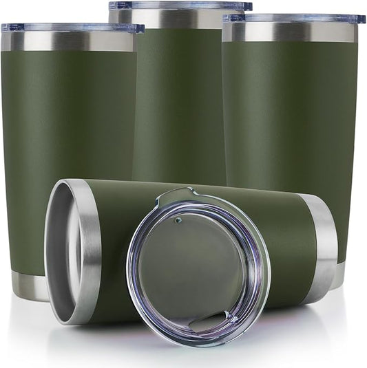 DOMICARE 20oz Stainless Steel Tumbler Bulk with Lid, Double Wall Vacuum Insulated Travel Mug, Powder Coated Coffee Cup, Army Green, 4 Pack