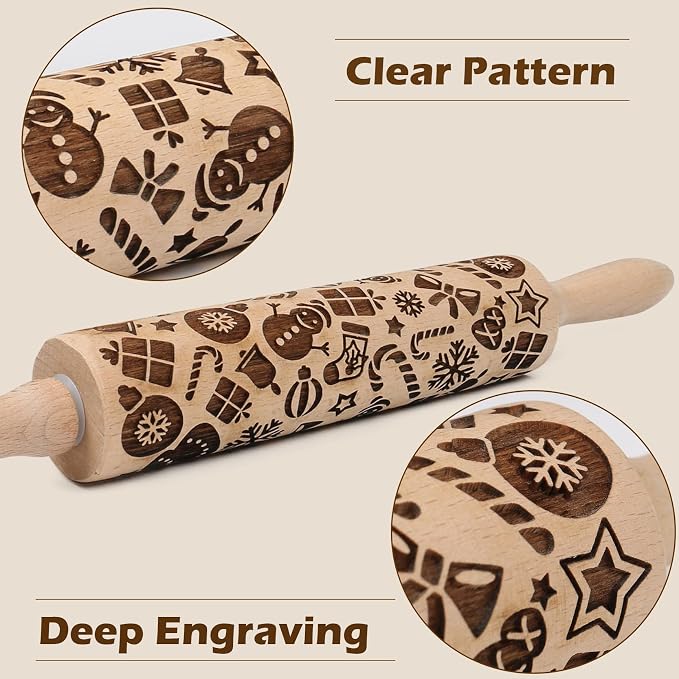 Christmas Embossed Rolling Pin for Baking Cookies Embossing Rolling Pins with Design Wooden Engraved Springerle Roller Pin Dough Patterned Clay Pottery Ceramic Bakers Women Kids (Snowflake & Snowman)