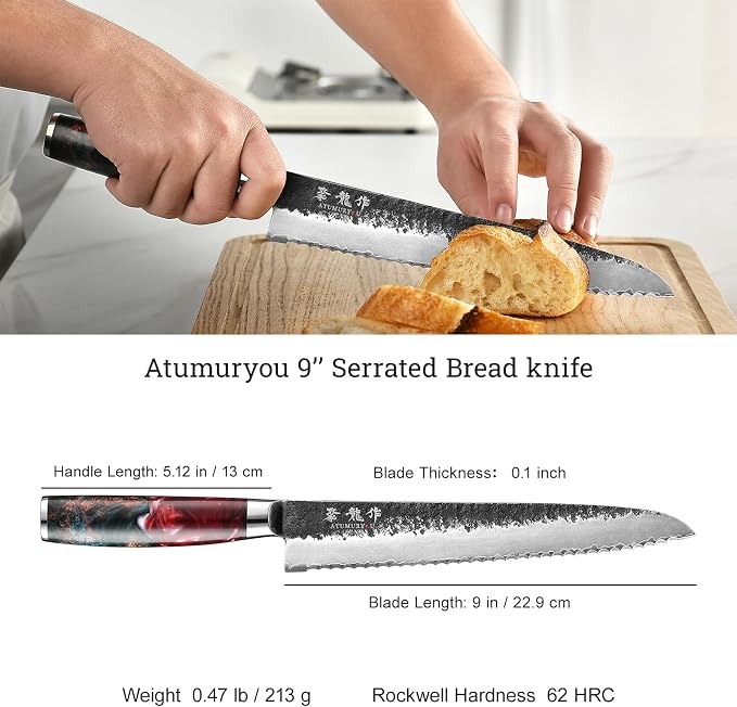 Japanese Bread Knife, 9 Inch Hand Forged VG10 Steel Serrated Sourdough Knife, Resharpenable Sharp Bread Cutting Knives, Low-Crumb Slicing for Sourdough, Homemade Bread & Bagels with Premium Gift Box