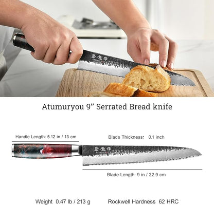 Japanese Bread Knife, 9 Inch Hand Forged VG10 Steel Serrated Sourdough Knife, Resharpenable Sharp Bread Cutting Knives, Low-Crumb Slicing for Sourdough, Homemade Bread & Bagels with Premium Gift Box