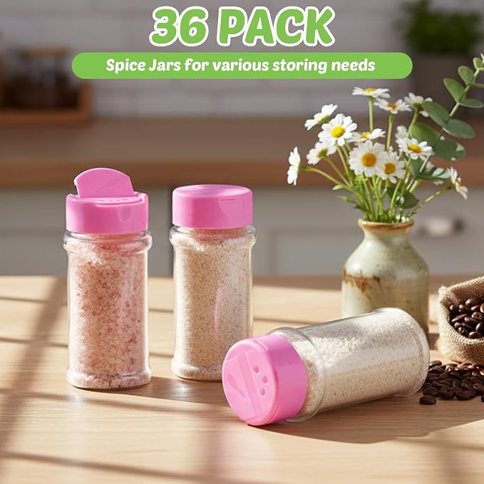 Jadive 36 Pcs 5.5 oz Plastic Spice Jars with Shaker Lids Clear Spice Bottles Plastic Seasoning Containers Empty Shaker for Kitchen Storing Herbs Seasoning Powders Pepper Dry Goods (Pink)