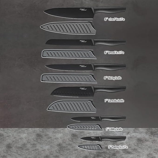 Kitchen Knife Set, KYA38 12-Piece Kitchen Knives Set with Covers, Marco Almond® 6 Knives with 6 Blade Guards, Stainless Steel Cooking Knives Set for Kitchen, Black