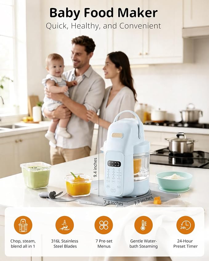 SosekiBaby FM01 Baby Food Maker with Glass Bowl One Step Baby Blender-Food Processor and Steamer Puree Grinder 316L Stainless Steel Blades Auto Cooking & Easy Cleaning-BPA-Free Blue